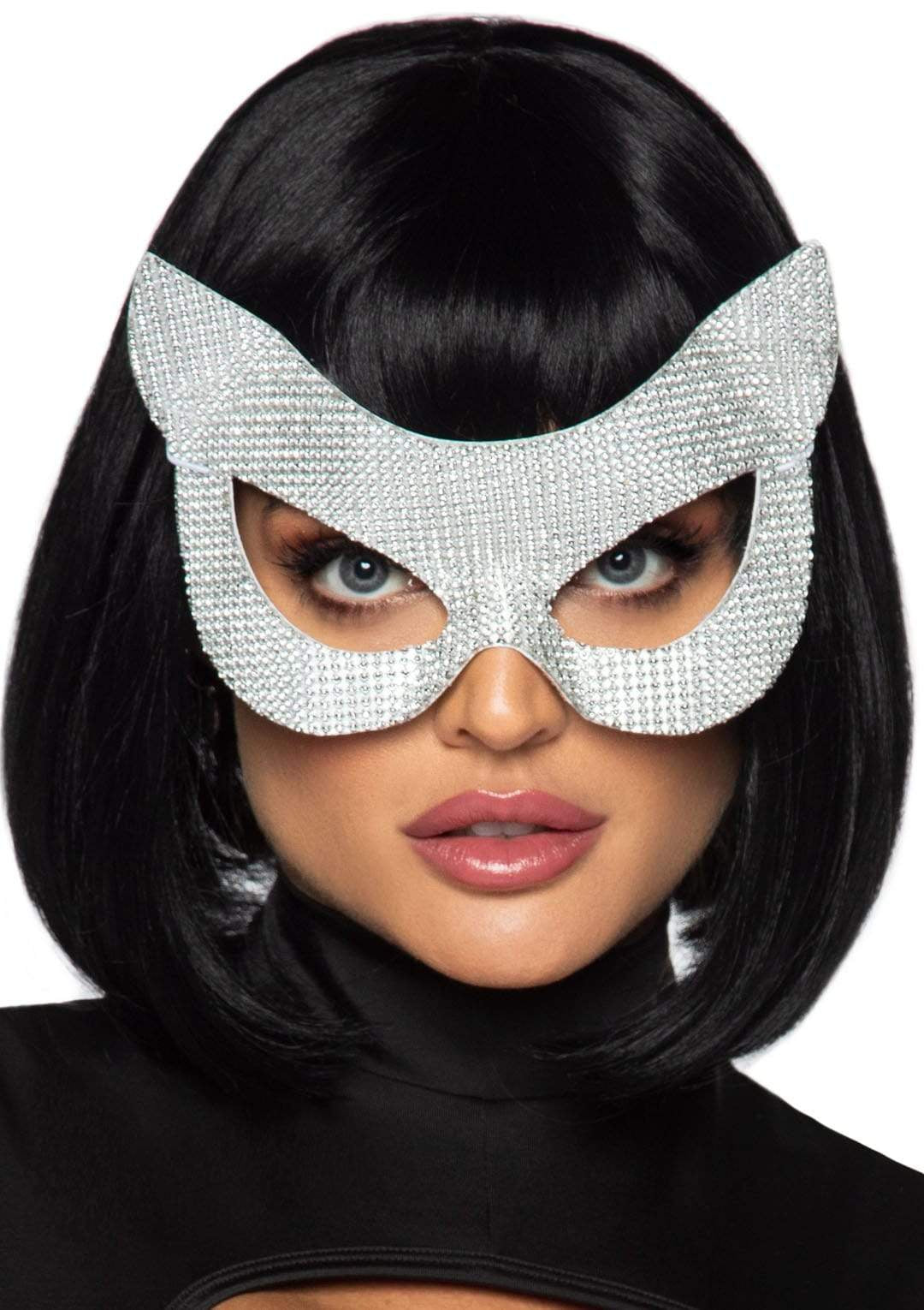 Faux Rhinestone Cat Mask Silver