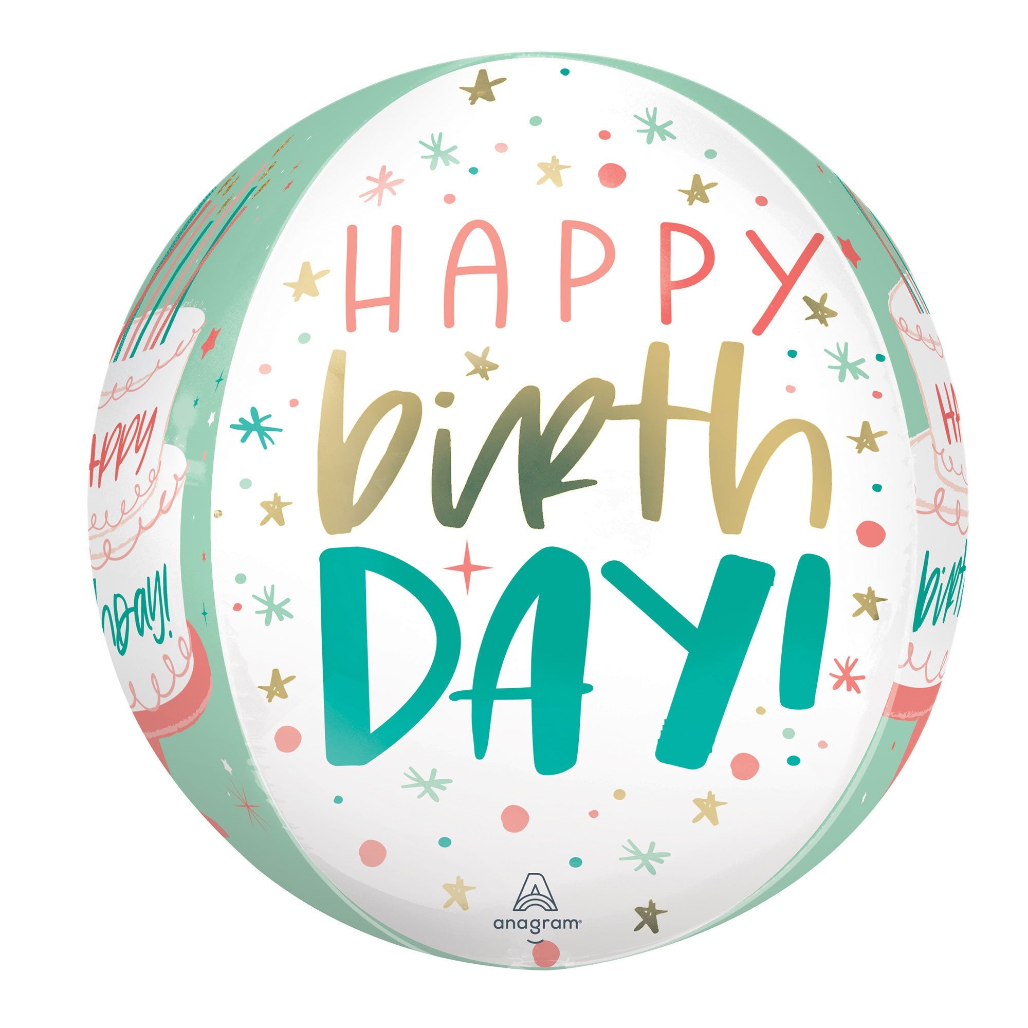 White and Green Happy Birthday Cake Orbz Foil Balloon