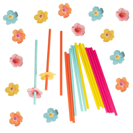 Tiki Tropics Hawaiian Paper Party Straws with Flower Toppers - Pack of 16