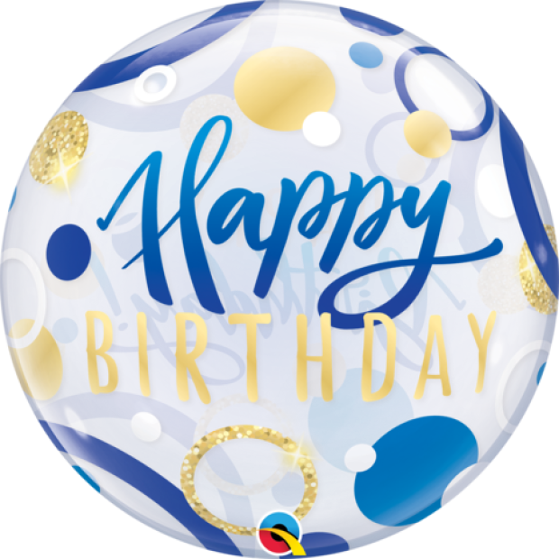 Blue & Gold Dots Happy Birthday Bubble Balloon 56cm
