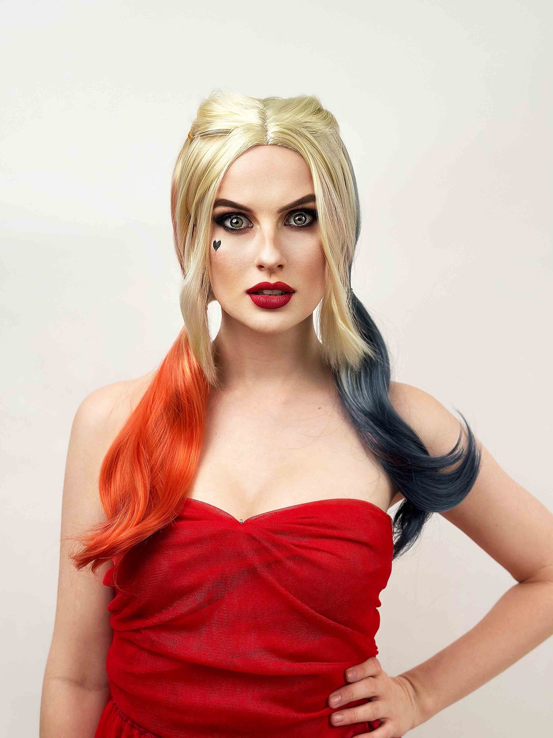 Harley Quinn Blonde Wig with Red and Blue Tips
