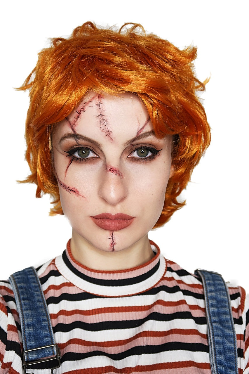 Evil Doll Orange Red Wig with Scar Tattoos Costume Set