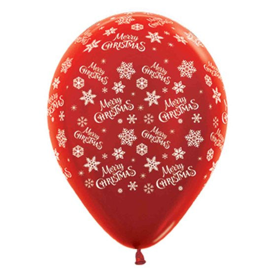 Merry Christmas Snowflakes Metallic Red Latex Balloons 30cm (Pack of 6)