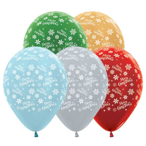 Merry Christmas Snowflakes Satin Pearl & Metallic Assorted Latex Balloons 30cm (Pack of 25)