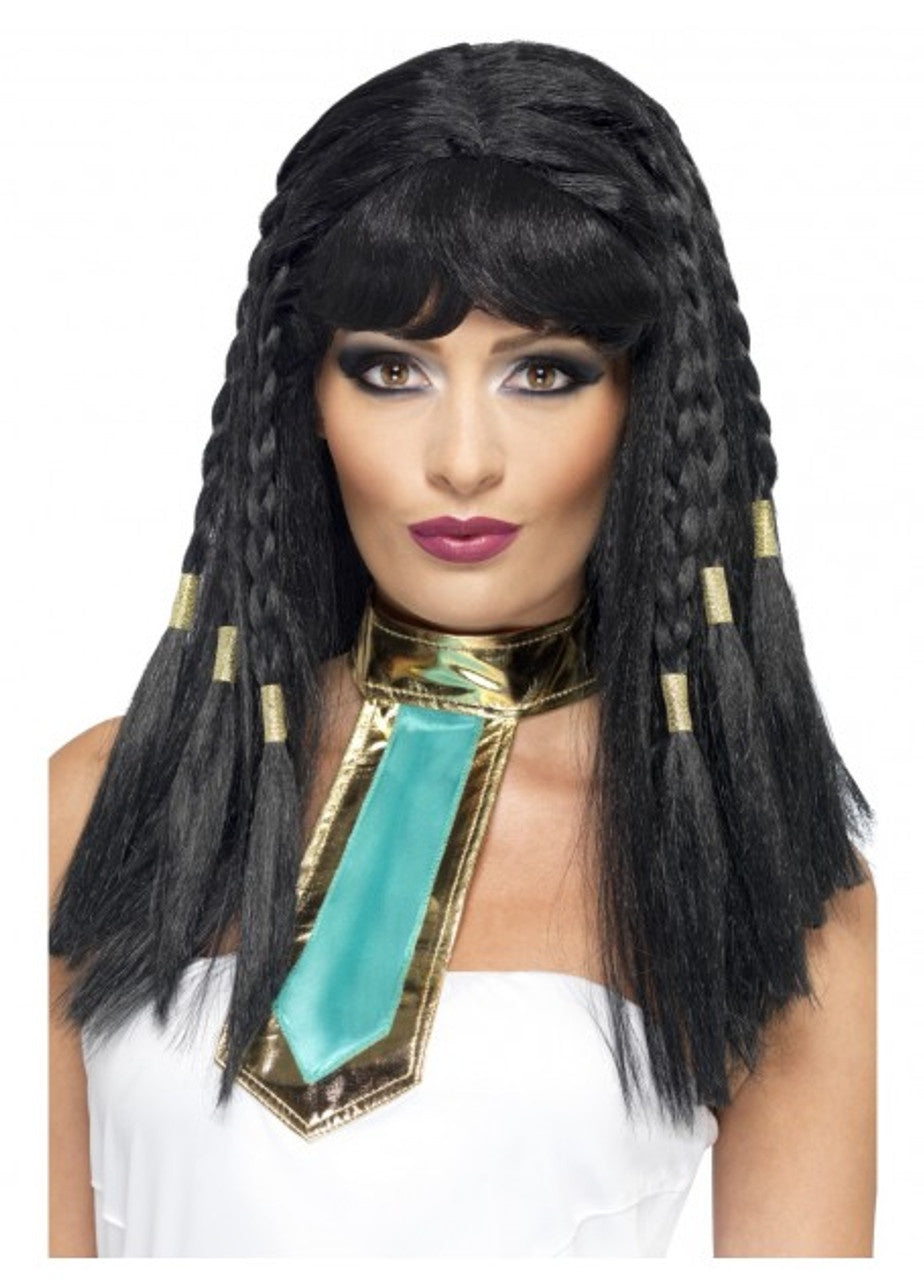 Black Egyptian Cleopatra Costume Wig with Golden Plaits