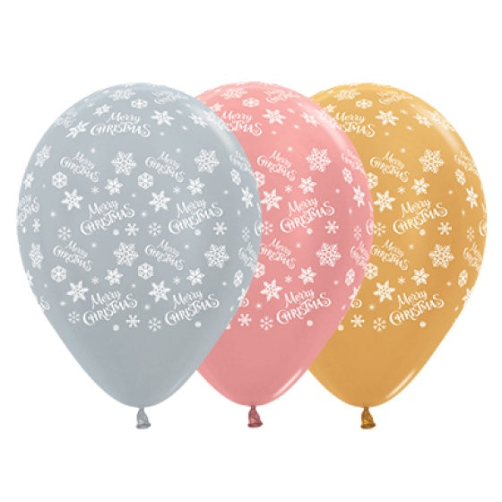 Merry Christmas Snowflakes Metallic Silver, Rose Gold & Gold Latex Balloons 30cm (Pack of 25)