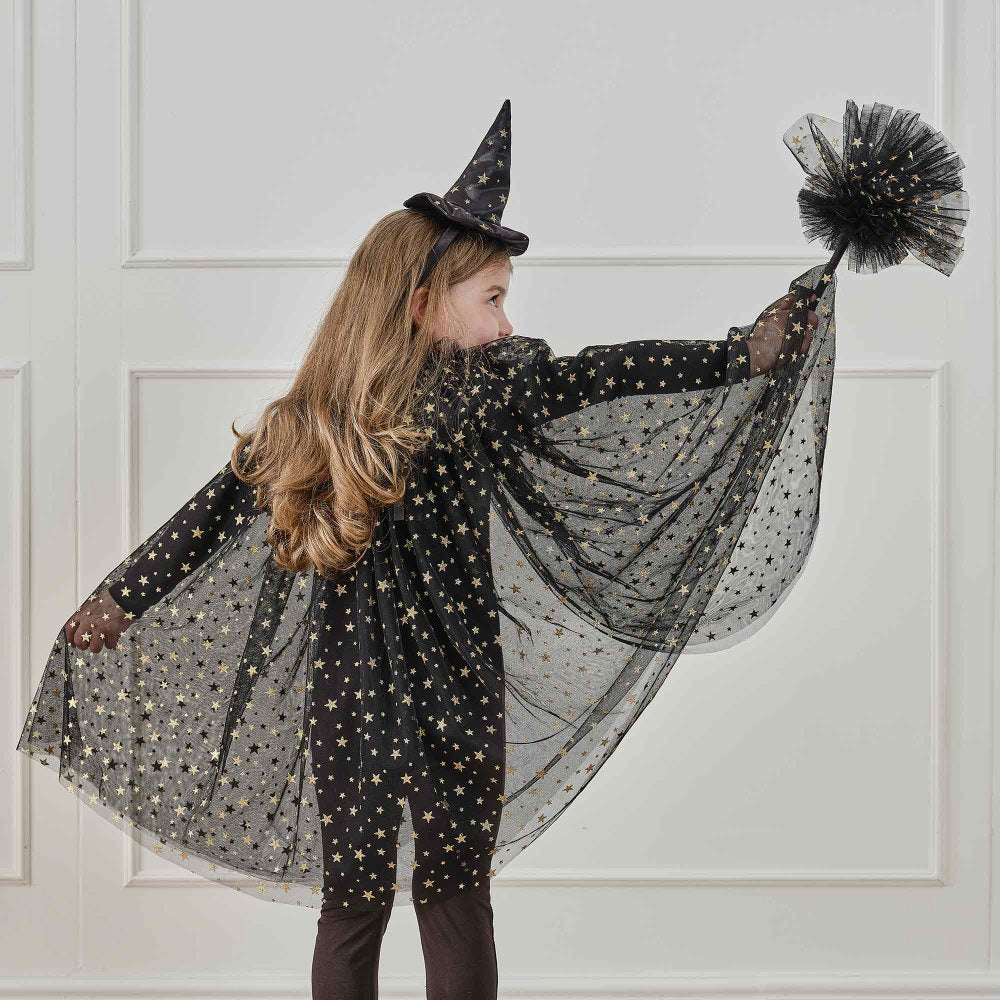 Black and Gold Star Witch Cape Girls Costume