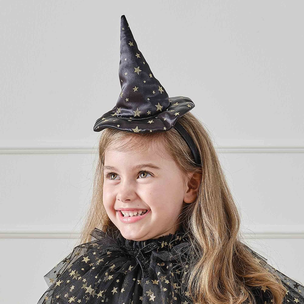 Fancy Dress Black And Gold Star Witch Hat Headband