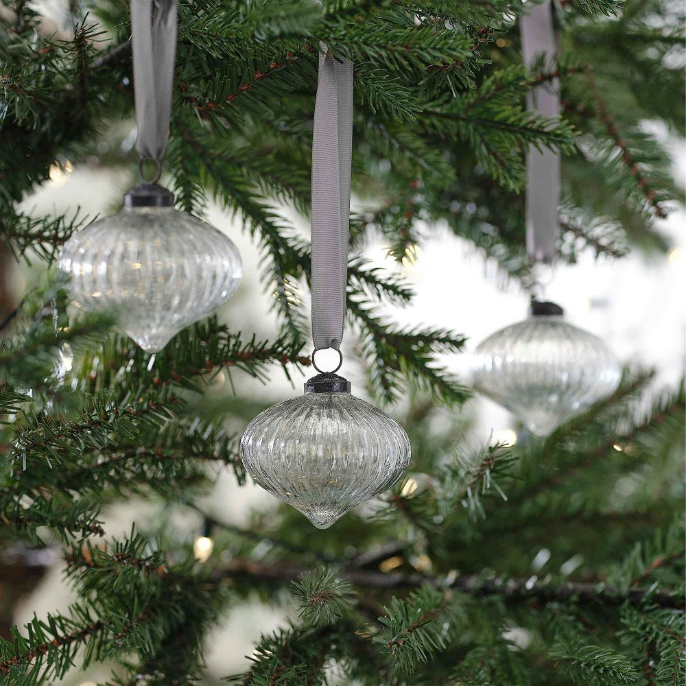 White Christmas Ribbed Glass Tree Decorations (Pack of 3)