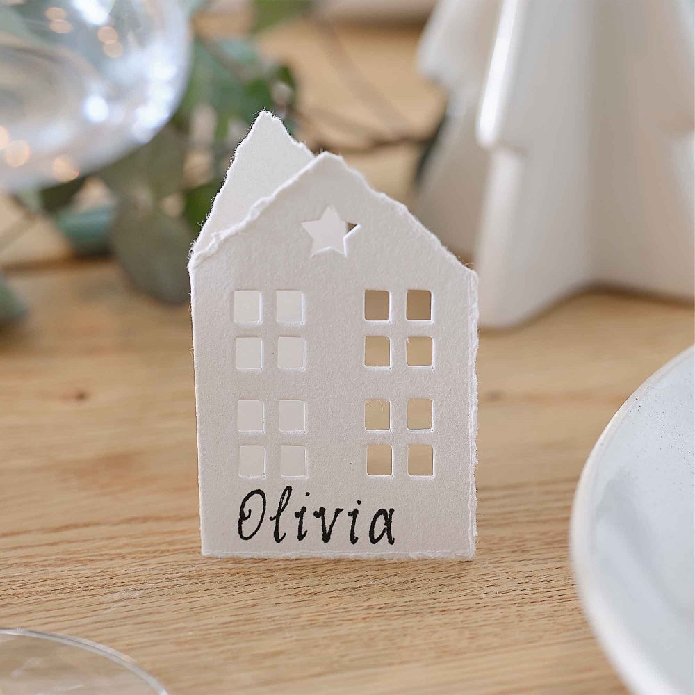 White Christmas Cotton Paper House Place Cards (Pack of 6)