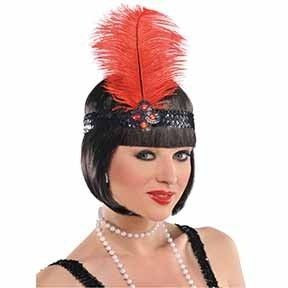 Roaring 20s Black Sequin Headband with Red Feather