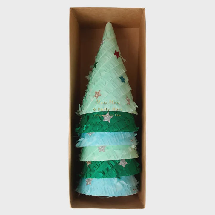 Meri Meri Fringed Christmas Tree Party Hats (Pack of 6 in 3 colors)