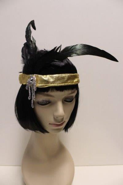Gold Charleston Headband with Black Feathers