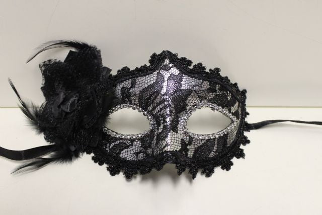 Eyemask Silver Lame with Black Lace & Bow