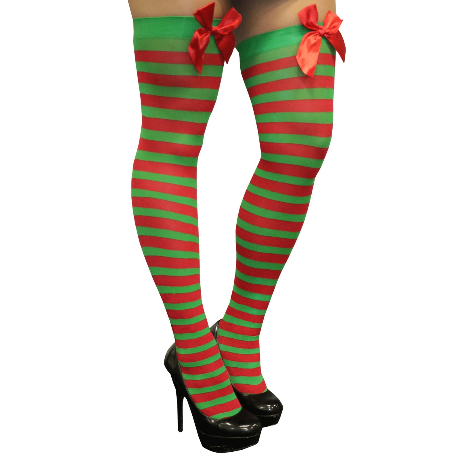 Red & Green Knee High Stockings with Red Bow