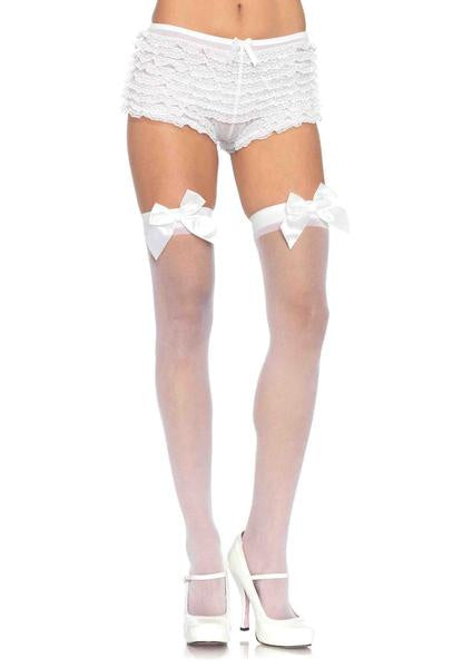 White Sheer Thigh Highs with Satin Bow Accent