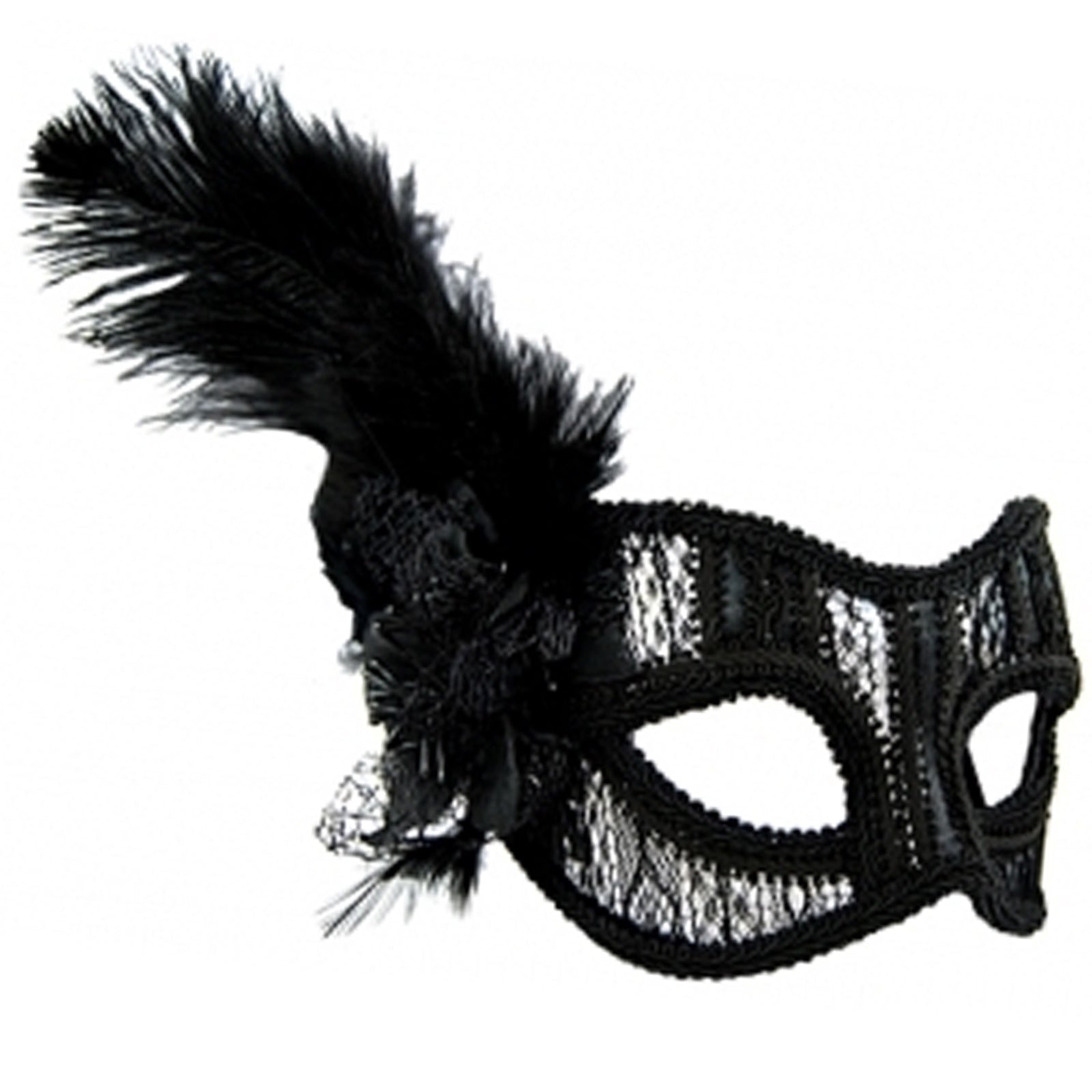 Black Lace with Feather Masquerade Mask