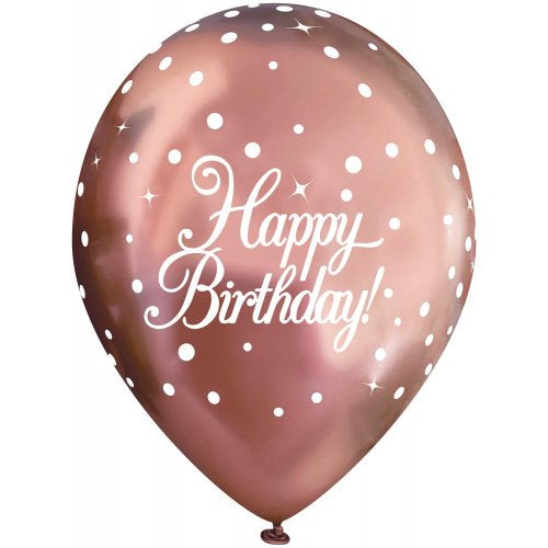 Rose Gold Sparkling Fizz Happy Birthday Chrome Balloons (6pk)