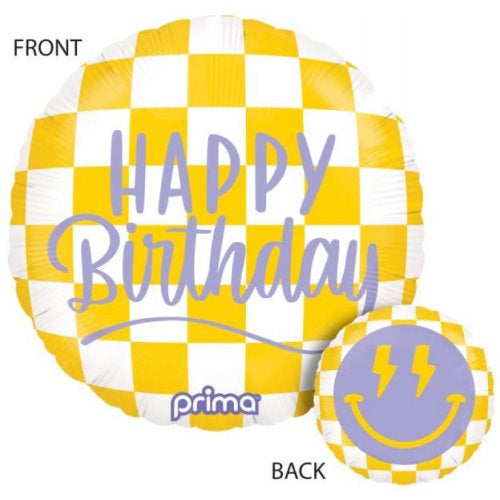 Yellow Happy Face Checkered Birthday 18inch Foil Balloon