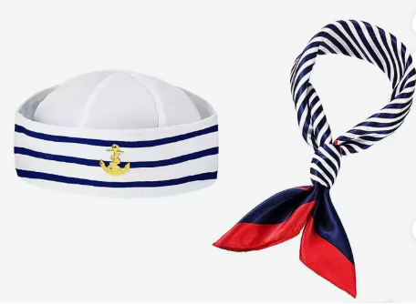 Blue and White Striped Sailor Hat with Square Scarf