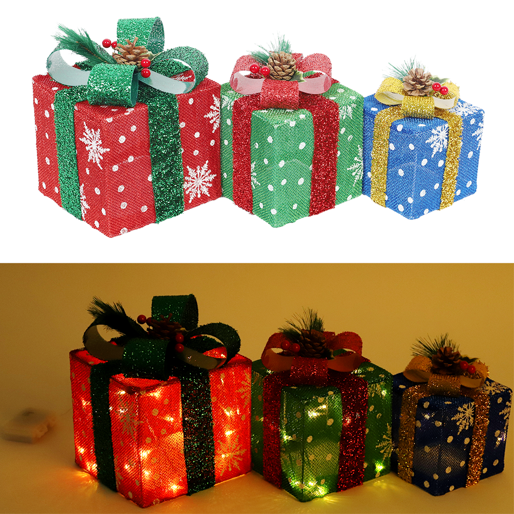 Light Up Christmas Boxes (Battery Powered) - Multicolour Set of 3