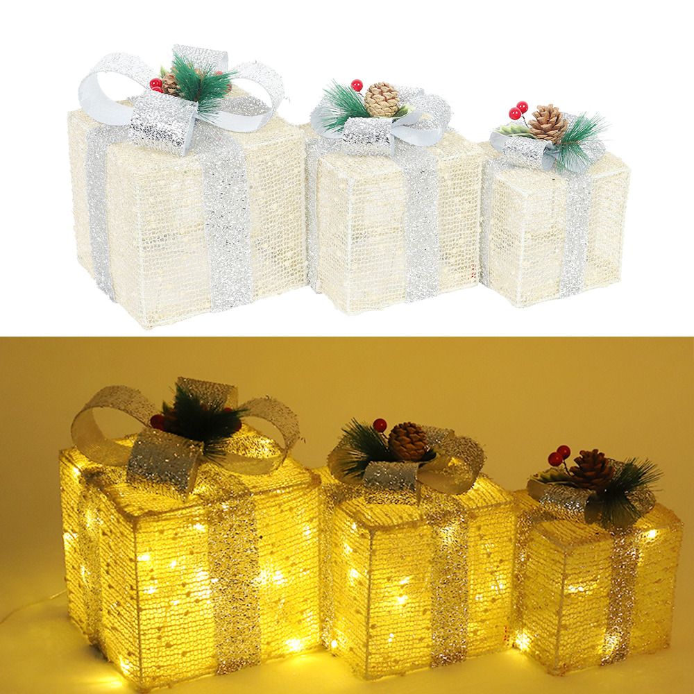 Light Up Christmas Boxes (Battery Powered) - Gold Set of 3