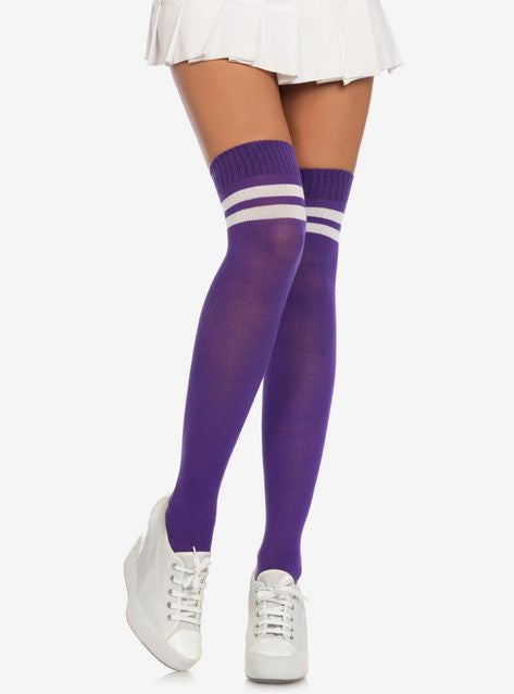 Purple and White Ribbed Athletic Thigh Highs