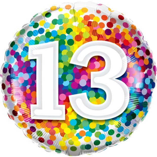 13th Rainbow Confetti 18 Inch Foil Balloon