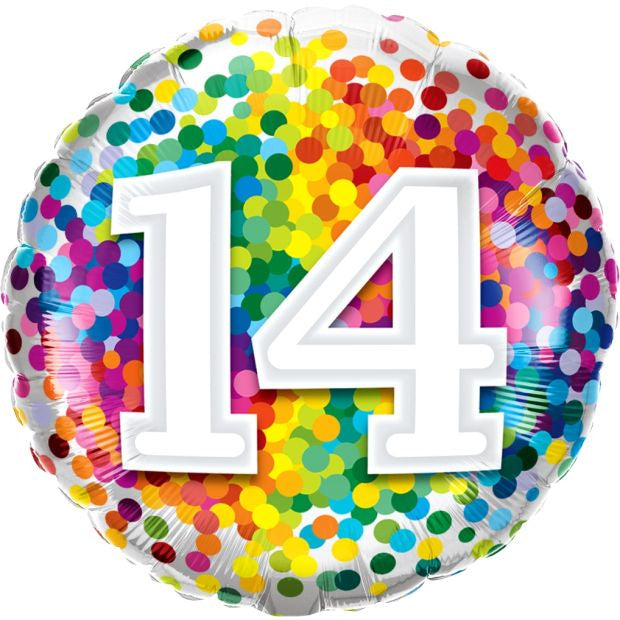 14th Rainbow Confetti 18 Inch Foil Balloon