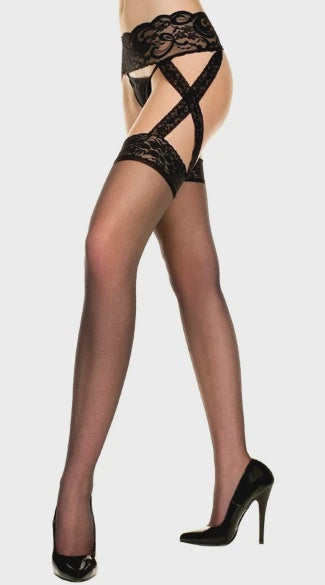 Sheer Lace Top Stockings with Attached Criss Cross Lace Garterbelt