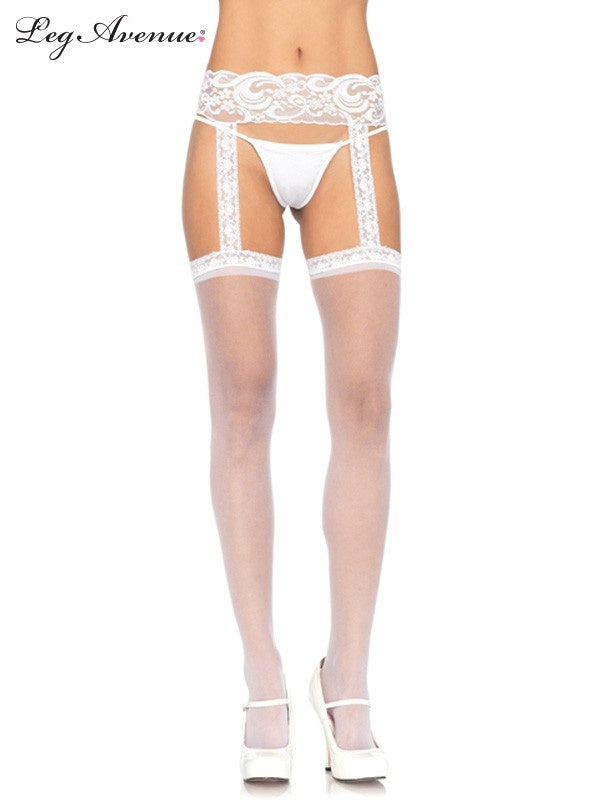 White Sheer Lace Top Stockings with Lace Garter Belt