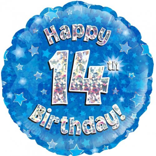 Happy 14th Birthday Blue Holographic Foil Balloon