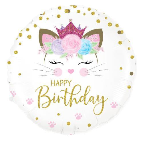 Floral Kitten Happy Birthday Holographic Foil Balloon