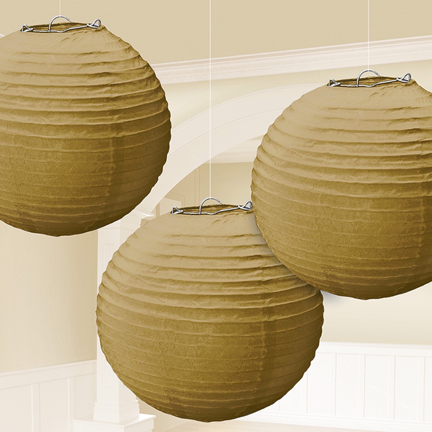 Round Paper Gold Lanterns 3 Pack