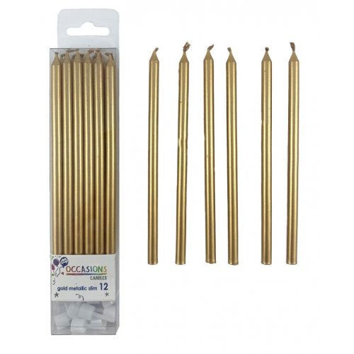 Gold Metallic Slim Candles with Holders 12 pack