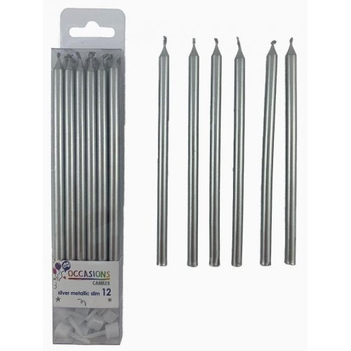 Silver Metallic Slim Candles with Holders 12 pack