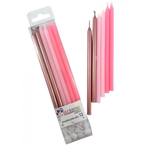 Assorted Pink Slim Candles with Holders 12 pack