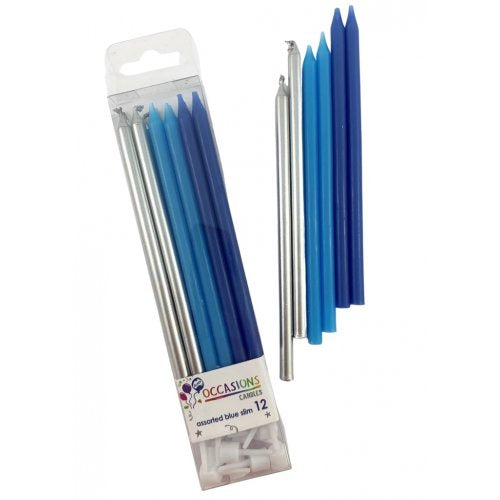 Assorted Blue Slim Candles with Holders 12 pack