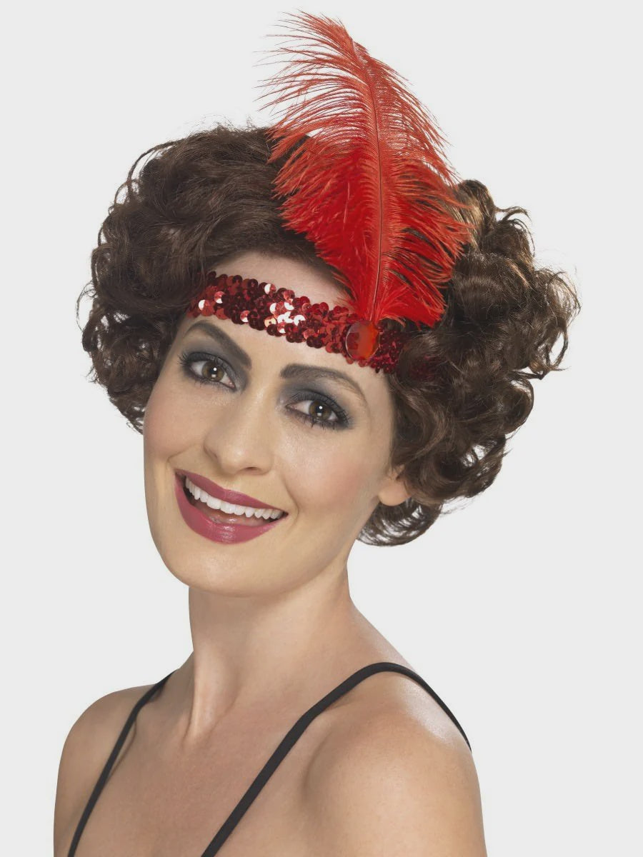 Red Sequin Flapper Headband with Feather