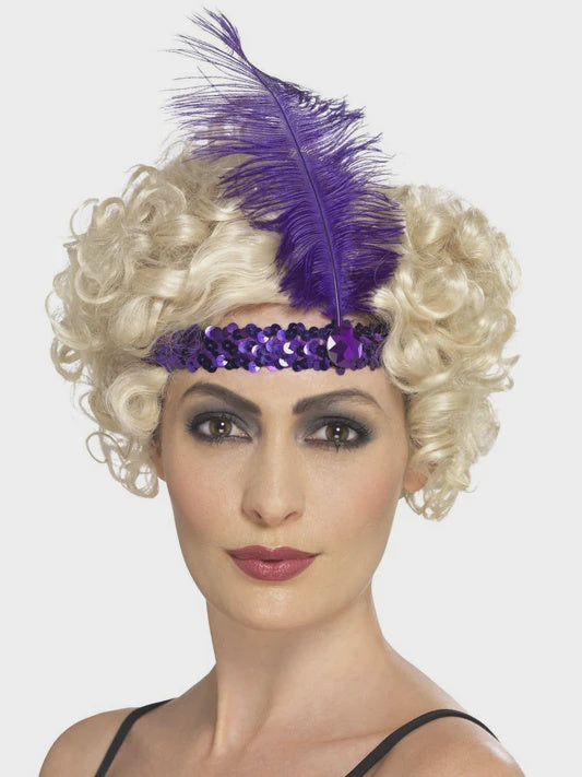 Purple Sequin Flapper Headband with Feather