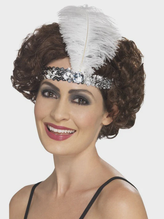 Silver Sequin Flapper Headband with Feather