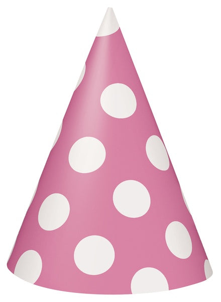 Hot Pink Polka Dot Party Hats 8 Pack