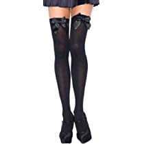 Black Opaque Thigh Highs with Satin Bow Accent Plus Size