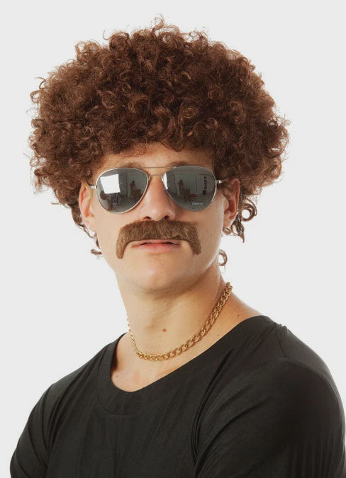 70s Brown Fro & Mo Costume Wig and Moustache Set