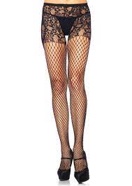 Industrial Net Crotchless Pantyhose with Floral Vine Lace Top