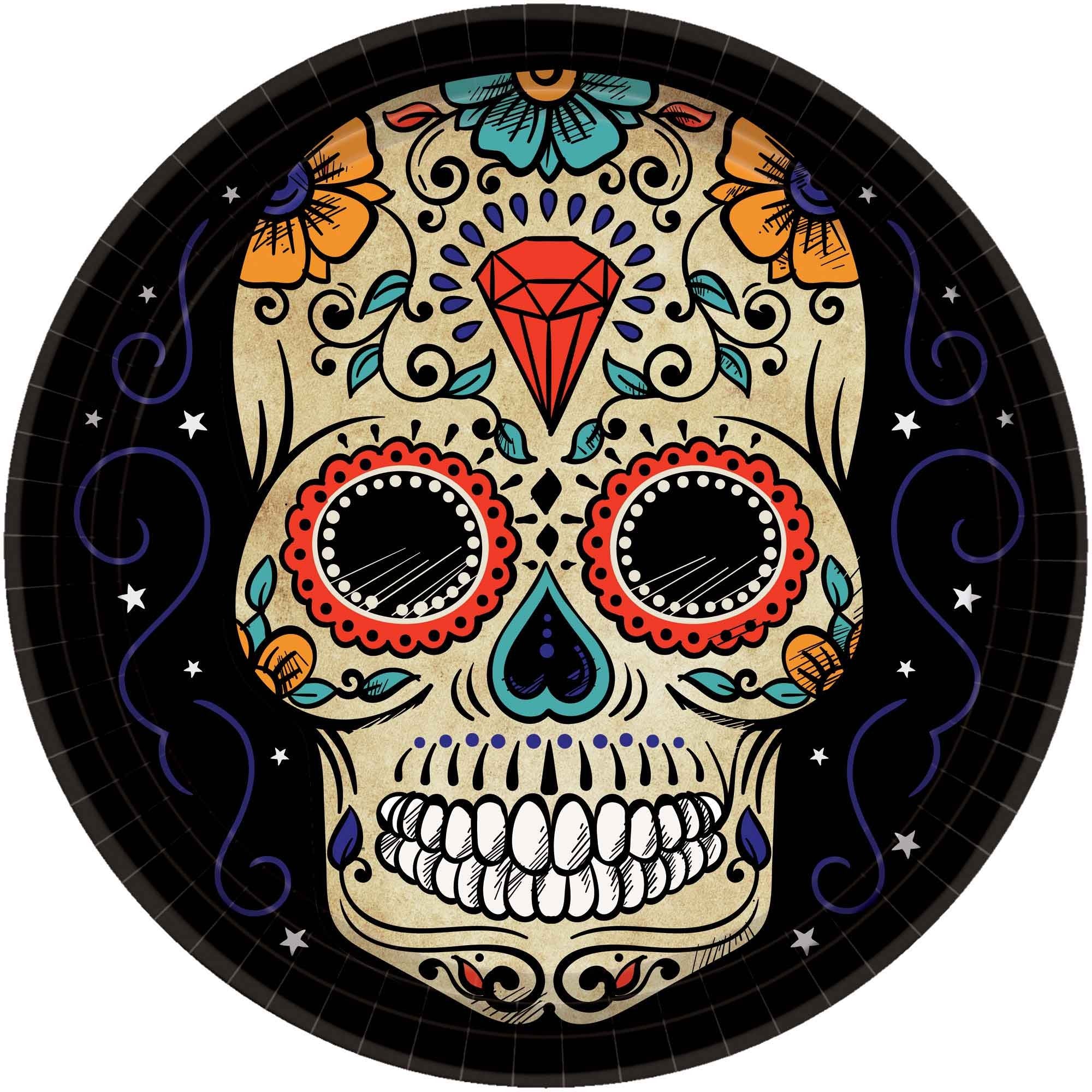 Sugar Skull Day of the Dead 26cm Round Paper Plates Pack of 18