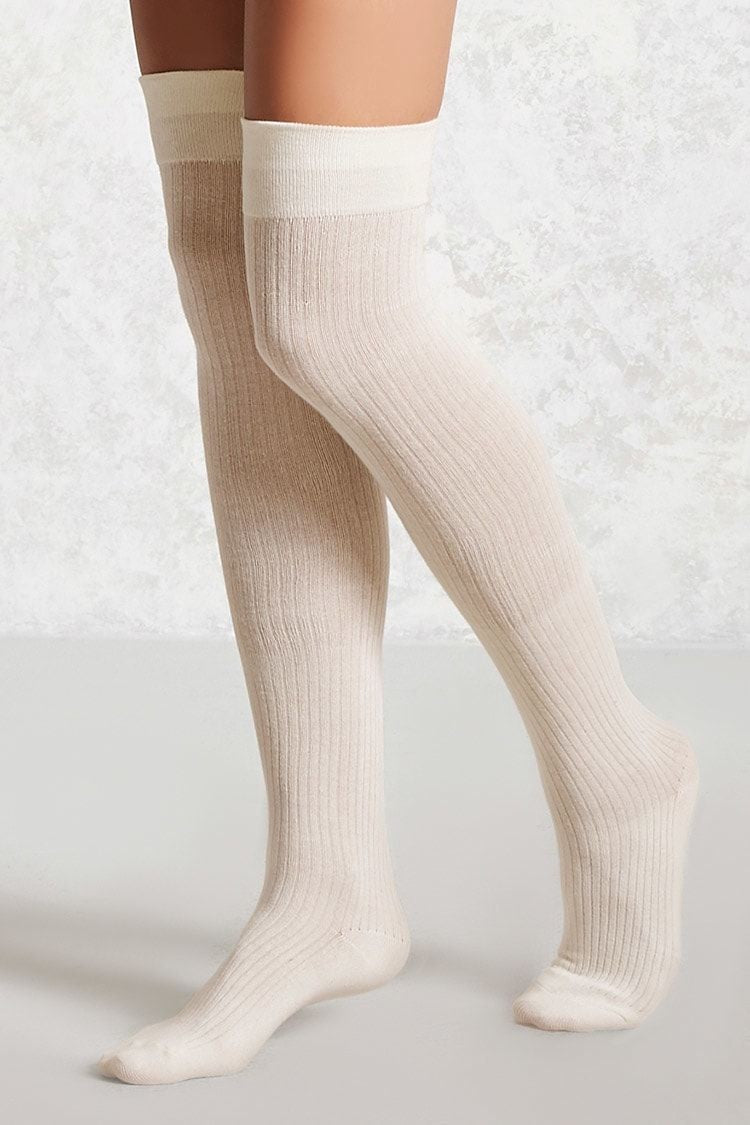 White Ribbed Athletic Thigh Highs