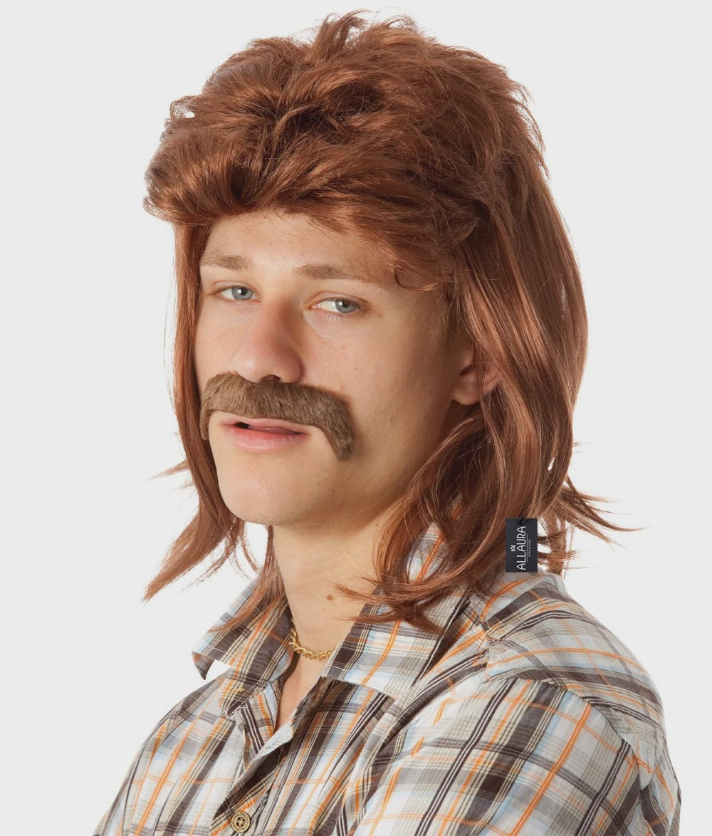 Brown 80s Style Mullet with Moustache