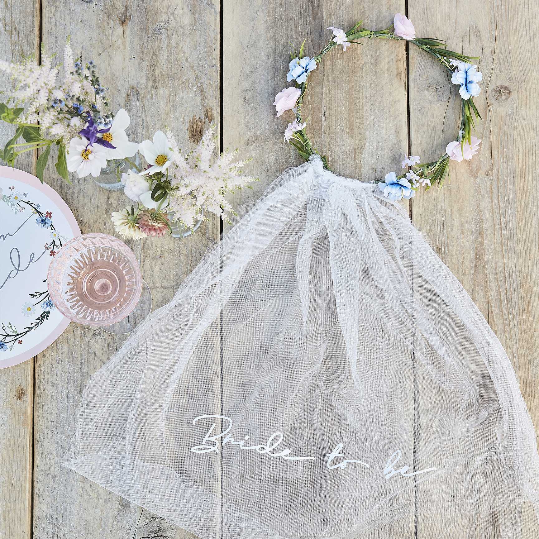 Ginger Ray Bride To Be Hen Party Veil with Floral Crown