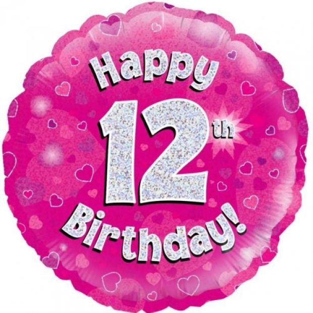 12th Birthday Pink Holographic 18 Inch Foil Balloon